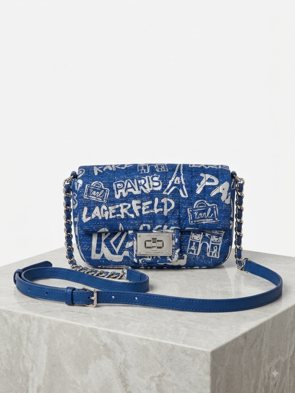 Authentic Karl Lagerfeld Blue and Silver Graffiti Crossbody Bag